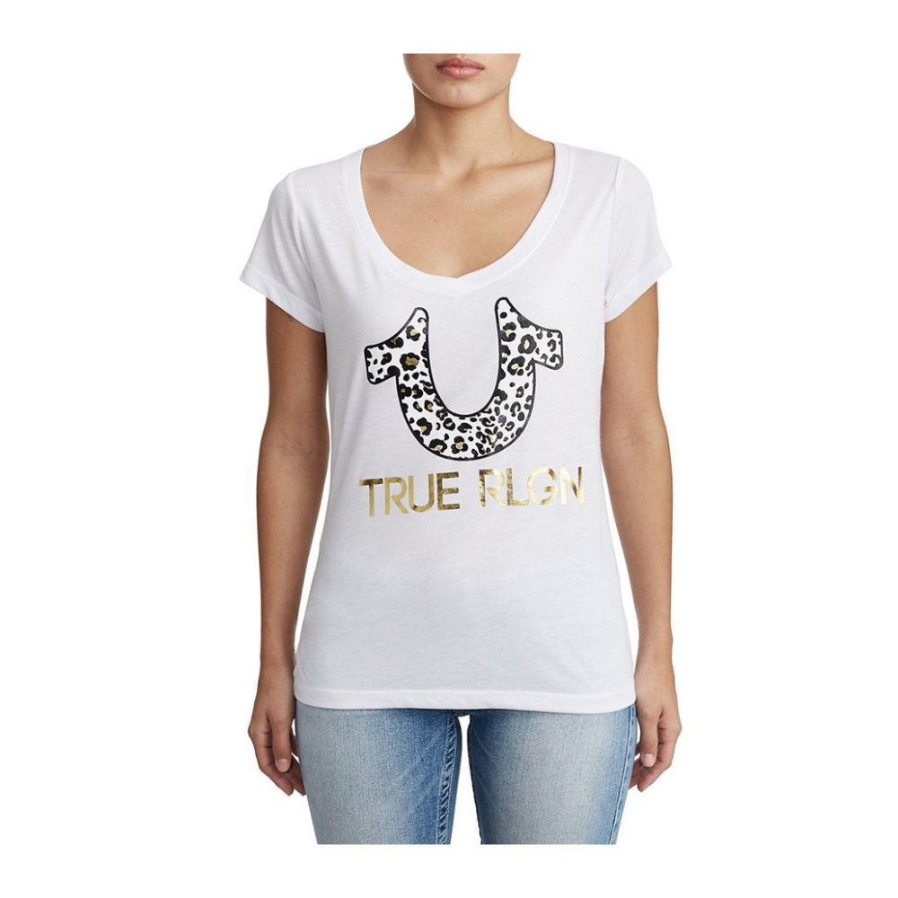 True Religion Women's Metallic Gold Foil Leopard Horseshoe V-Neck Tee T-Shirt